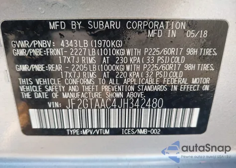 2018 Subaru Crosstrek 2.0I из США, поврежденный, VIN JF2GTAAC4JH342480